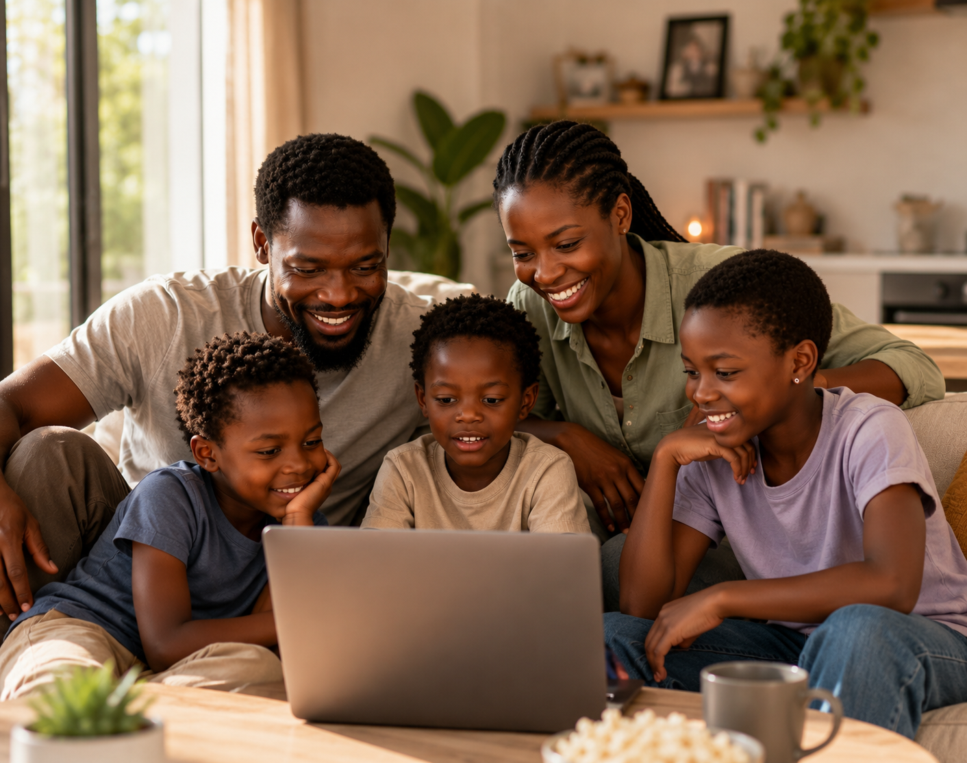 Family gathered around a laptop in warm sunlight